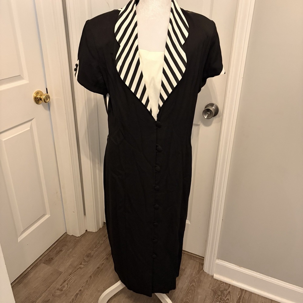Vintage 80s Impulsive Black Midi Dress Striped Vest Back Tie Collar 12 Made USA